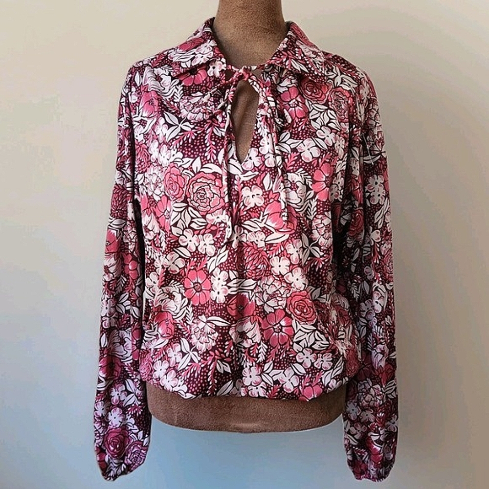 70s Queen‎ Casuals Blouse Size 14 Top L  Floral Collared Tie Union Made USA Fall